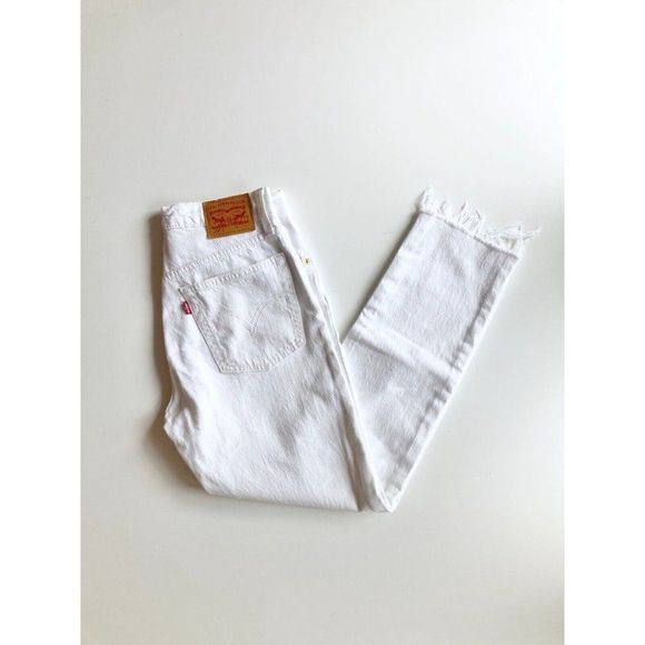 LEVI'S 501S In The Clouds White High Rise Skinny Raw Hem Ankle Jeans, Size 25 - Picture 5 of 15